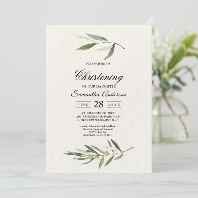 Modern Watercolor Green Olive Branch Invitation (Standing Front)