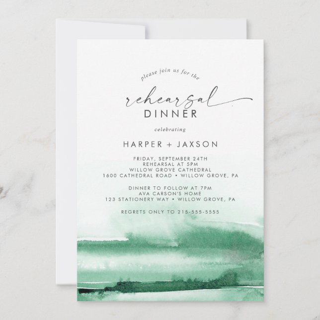 Modern Watercolor | Green Rehearsal Dinner Invitation (Front)
