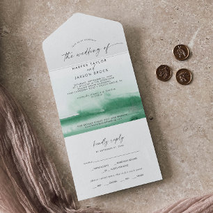 Modern Watercolor Green Wedding All In One Invitation