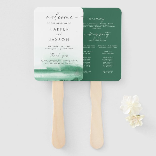 Modern Watercolor | Green Wedding Program Hand Fan (Front and Back)
