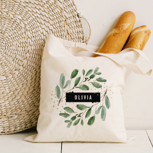 Modern Watercolor Greenery and Gold Personalised Tote Bag