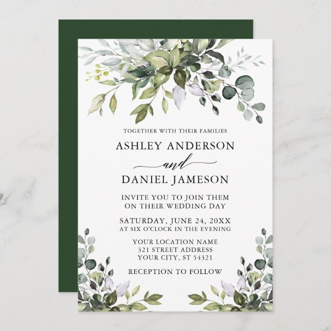 Modern Watercolor Greenery Calligraphy Wedding Invitation (Front/Back)