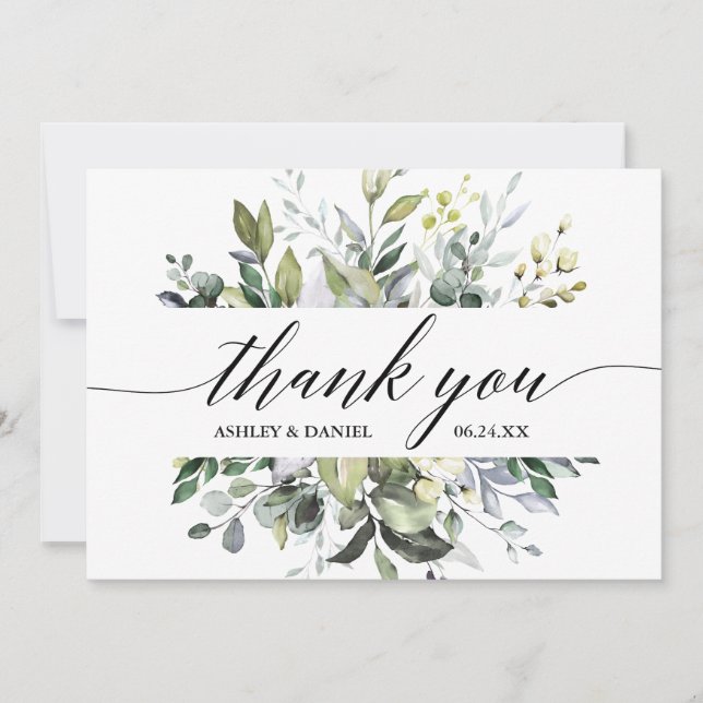 Modern Watercolor Greenery Calligraphy Wedding  Thank You Card (Front)