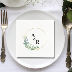 Modern Watercolor Greenery Couple Monogram Wedding Napkin