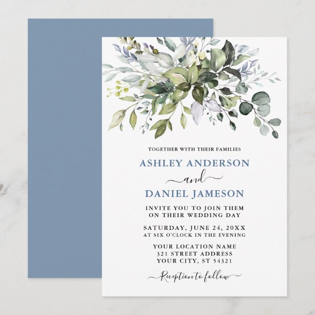 Modern Watercolor Greenery Dusty Blue Wedding Invitation (Front/Back)