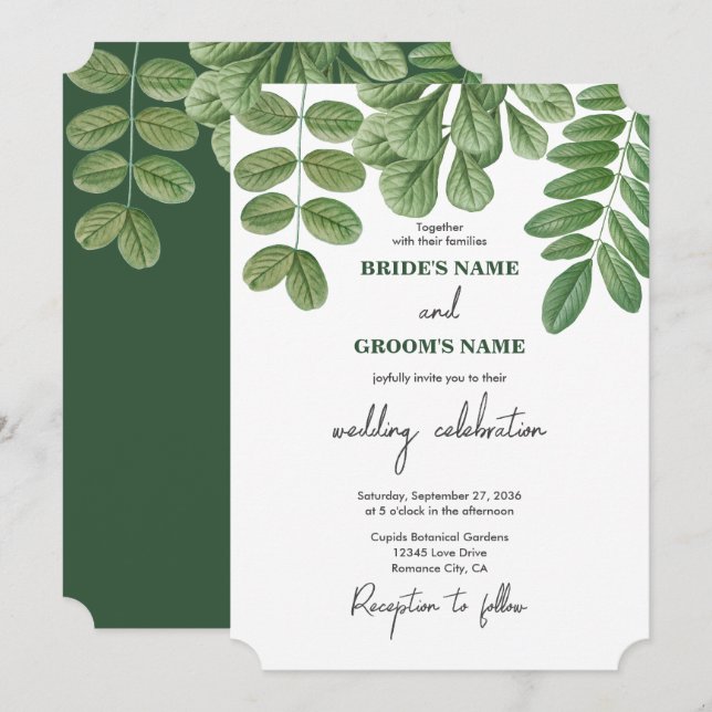 Modern Watercolor Greenery Emerald Green Wedding Invitation (Front/Back)