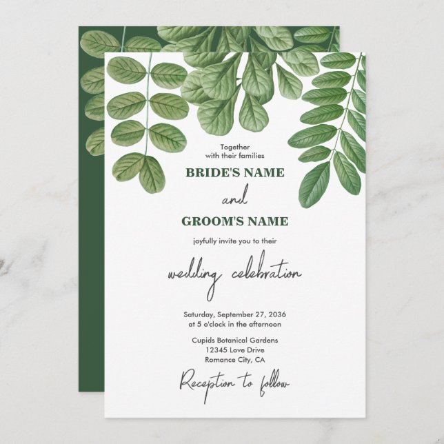 Modern Watercolor Greenery Emerald Green Wedding Invitation (Front/Back)