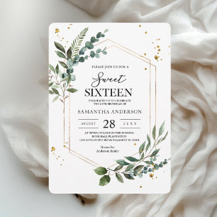 Modern Watercolor Greenery Eucalyptus Gold Frame Invitation