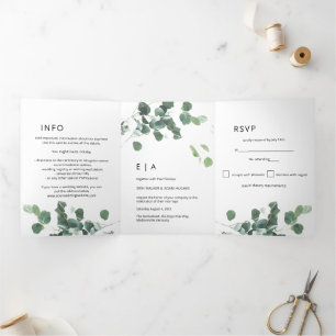 Modern Watercolor Greenery Eucalyptus Wedding Tri- Tri-Fold Invitation