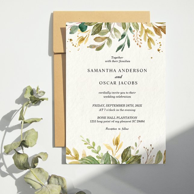 Modern Watercolor Greenery Leaf & Gold Drops Invitation (Creator Uploaded)
