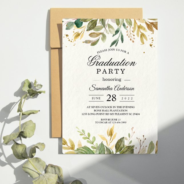 Modern Watercolor Greenery Leaf & Gold Drops Invitation (Creator Uploaded)