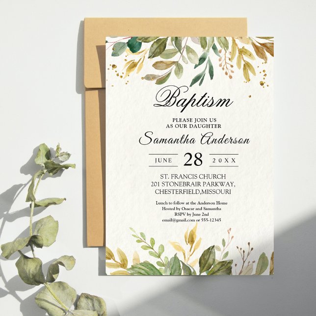 Modern Watercolor Greenery Leaf & Gold Drops Invitation (Creator Uploaded)