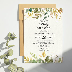 Modern Watercolor Greenery Leaf & Gold Drops Invitation