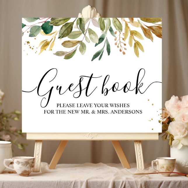 Modern Watercolor Greenery Leaf & Gold Drops Poster (Creator Uploaded)