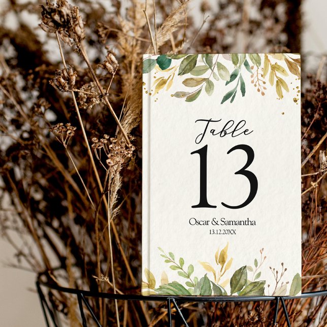 Modern Watercolor Greenery Leaf & Gold Drops Table Number (Creator Uploaded)