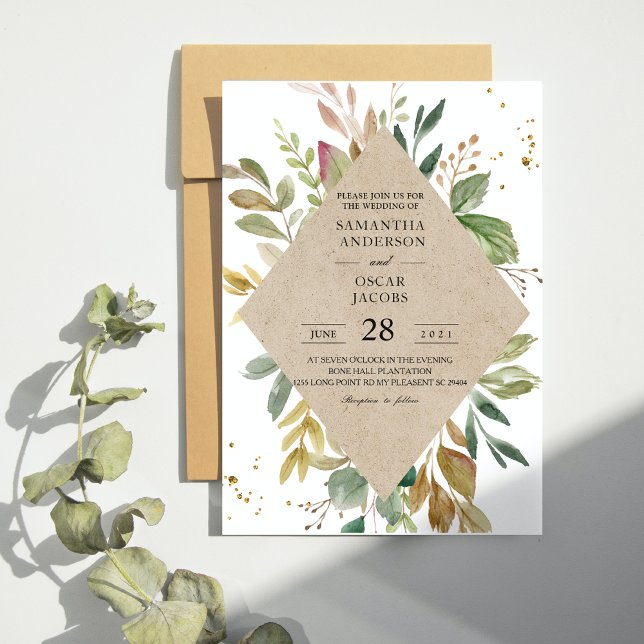Modern Watercolor Greenery Leaf Kraft Frame & Gold Invitation (Creator Uploaded)