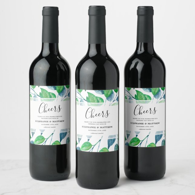 Modern Watercolor Greenery Leaves Wedding Wine Label (Bottles)