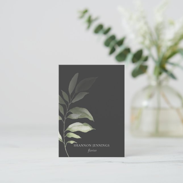 Modern Watercolor Greenery Minimal Grey Business Card (Standing Front)