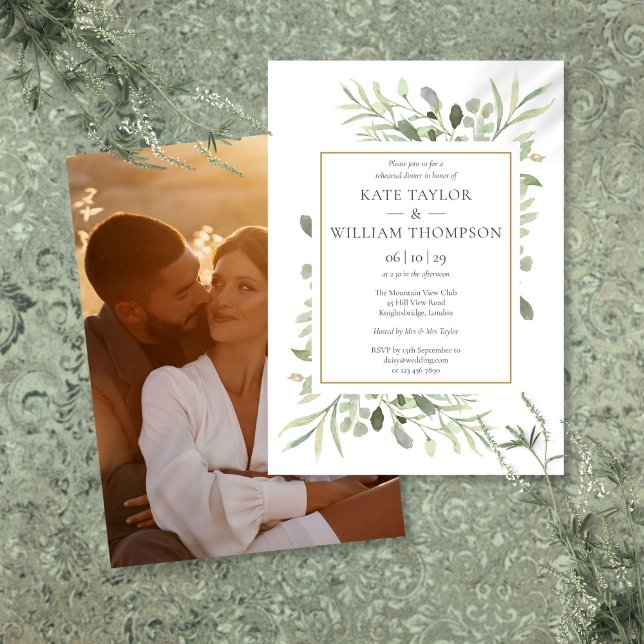 Modern Watercolor Greenery Photo Rehearsal Dinner Invitation (Modern Watercolor Greenery Photo Rehearsal Dinner Invitation)