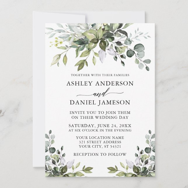 Modern Watercolor Greenery Wedding Calligraphy Invitation (Front)