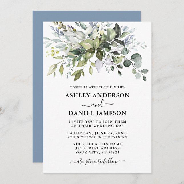 Modern Watercolor Greenery Wedding Dusty Blue Invitation (Front/Back)