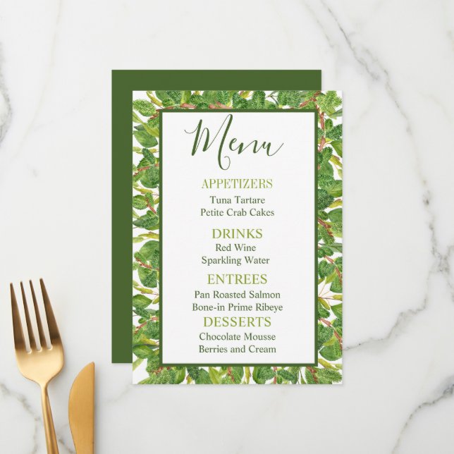 Modern Watercolor Greenery Wedding Menu (Front/Back In Situ)