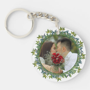Modern Watercolor Greenery Wedding photo Key Ring