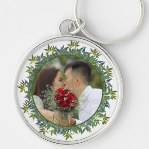 Modern Watercolor Greenery Wedding photo Key Ring