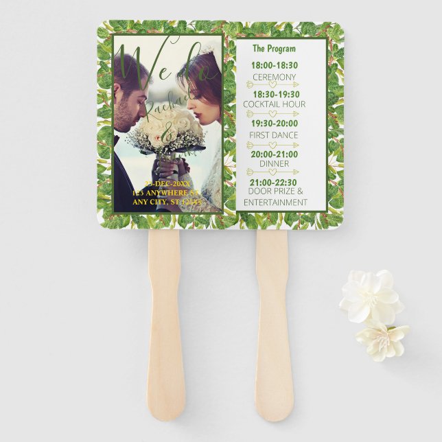 Modern Watercolor Greenery Wedding photo Program Hand Fan (Front and Back)