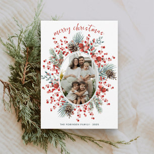 Modern Watercolor Greenery Wreath Photo Christmas Holiday Card