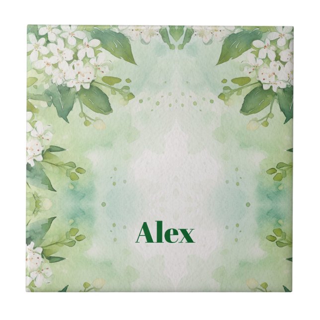 Modern Watercolor Greeny Flowers & personalise Tile (Front)