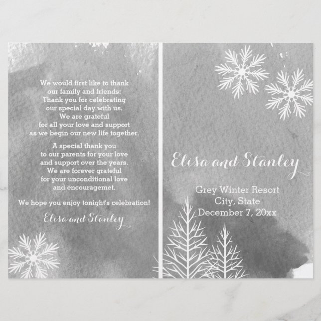 Modern watercolor grey folded wedding program (Front)