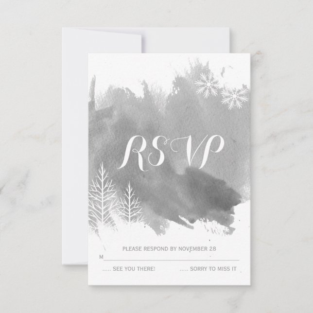 Modern watercolor grey winter wedding RSVP reply (Front)