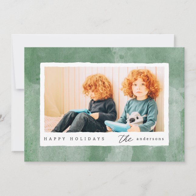 Modern Watercolor Happy Holidays Family Photo Holiday Card (Front)
