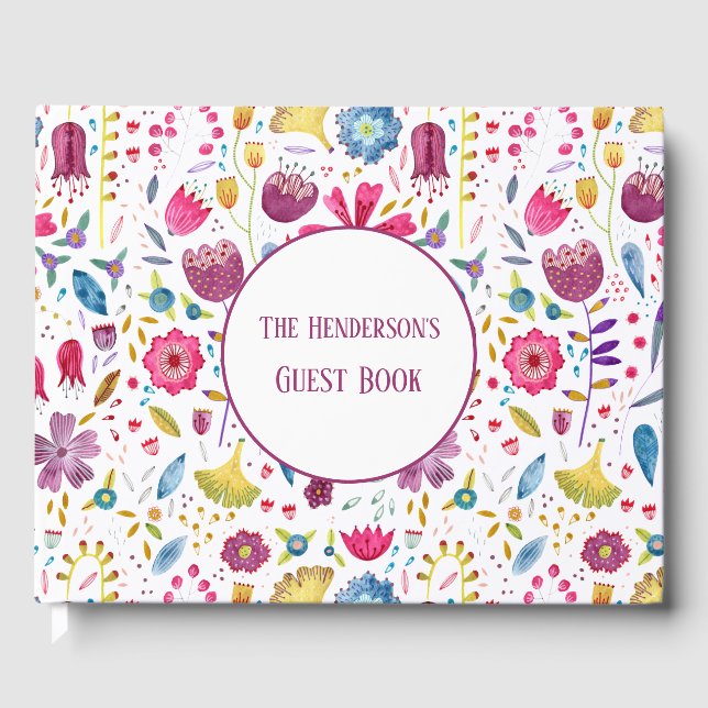 Modern Watercolor Hedgerow Flowers Custom Name Guest Book (Front)