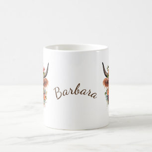 Modern Watercolor Highland Cow with Flowers Coffee Mug