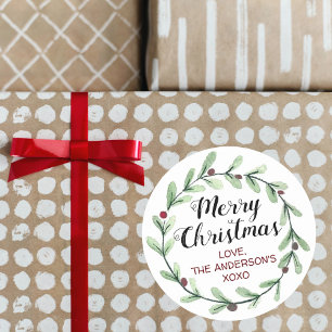 Modern Watercolor Holly Wreath Christmas Classic Round Sticker