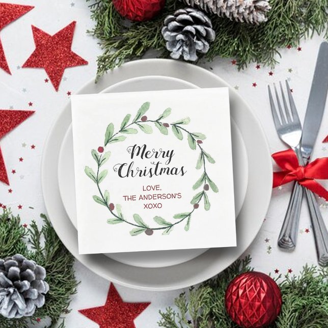 Modern Watercolor Holly Wreath Christmas Napkin (Creator Uploaded)