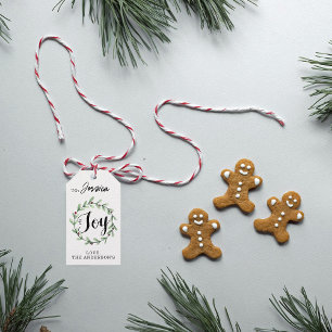 Modern Watercolor Holly Wreath Joy Christmas Gift Tags