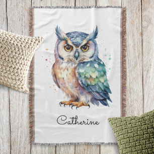Modern Watercolor Horned Owl Personalised Throw Blanket