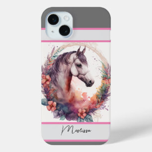 Modern Watercolor Horse Personalised Name iPhone 15 Mini Case