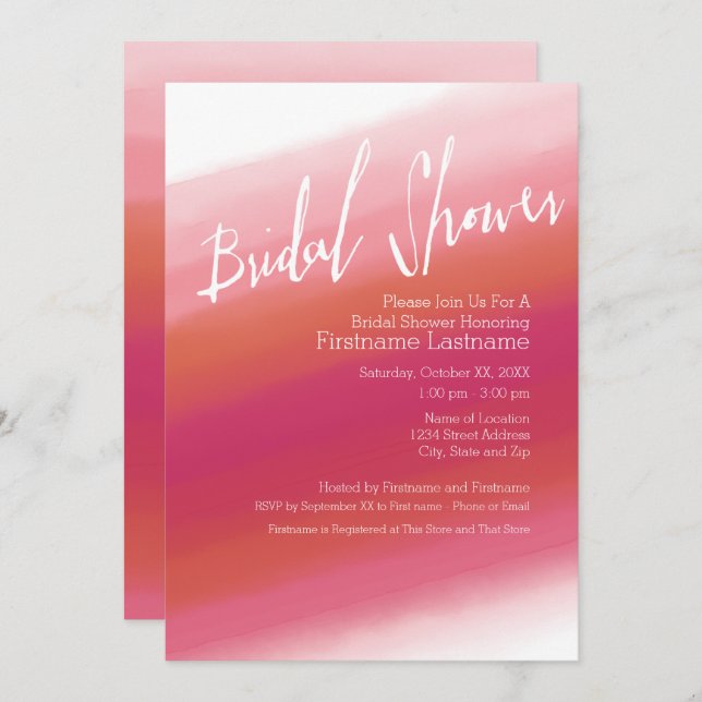 Modern Watercolor Hot Pink & Orange Bridal Shower Invitation (Front/Back)