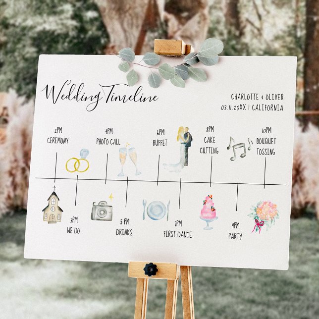 Modern watercolor illustrations wedding timeline poster (Creator Uploaded)