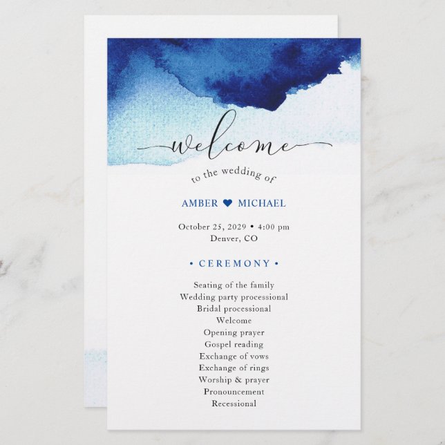 Modern Watercolor Indigo Blue Wedding Program (Front/Back)