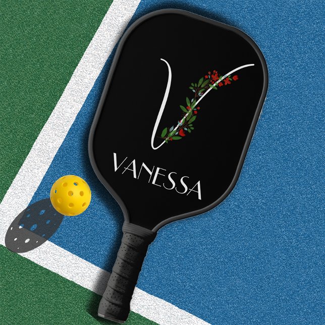 Modern watercolor initial name V black Pickleball Paddle (Creator Uploaded)