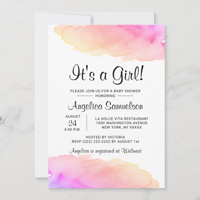 Modern Watercolor IT'S A GIRL! Pink Baby Shower Invitation (Front)