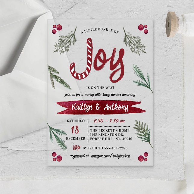Modern Watercolor "Joy" Candy Cane Baby Shower Acrylic Invitations (Creator Uploaded)