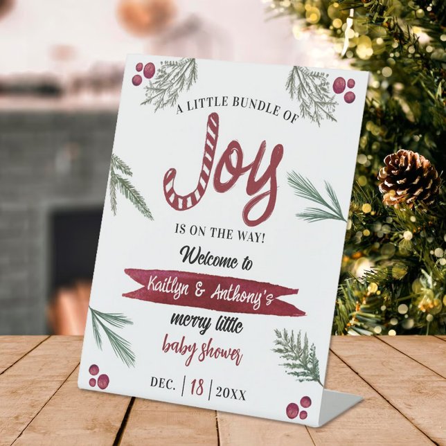 Modern Watercolor "Joy" Candy Cane Baby Shower Pedestal Sign (Creator Uploaded)