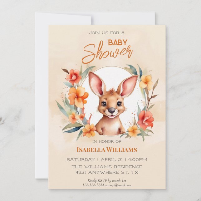 Modern Watercolor Kangaroo Baby Shower Invitation (Front)