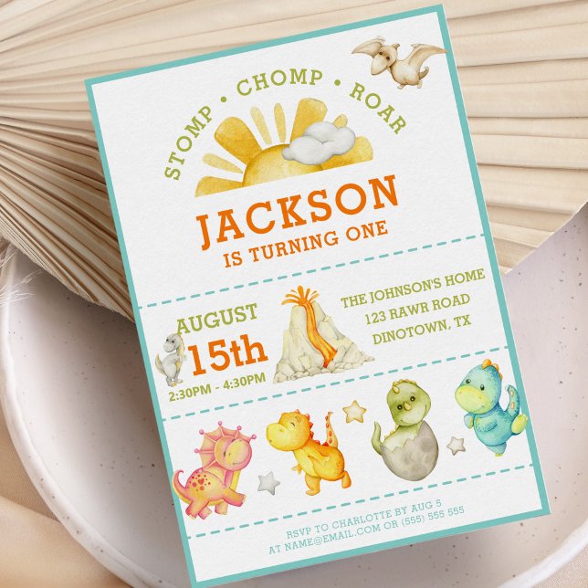 Modern Watercolor Kids Dinosaur 1st Birthday Invitation (Creator Uploaded)